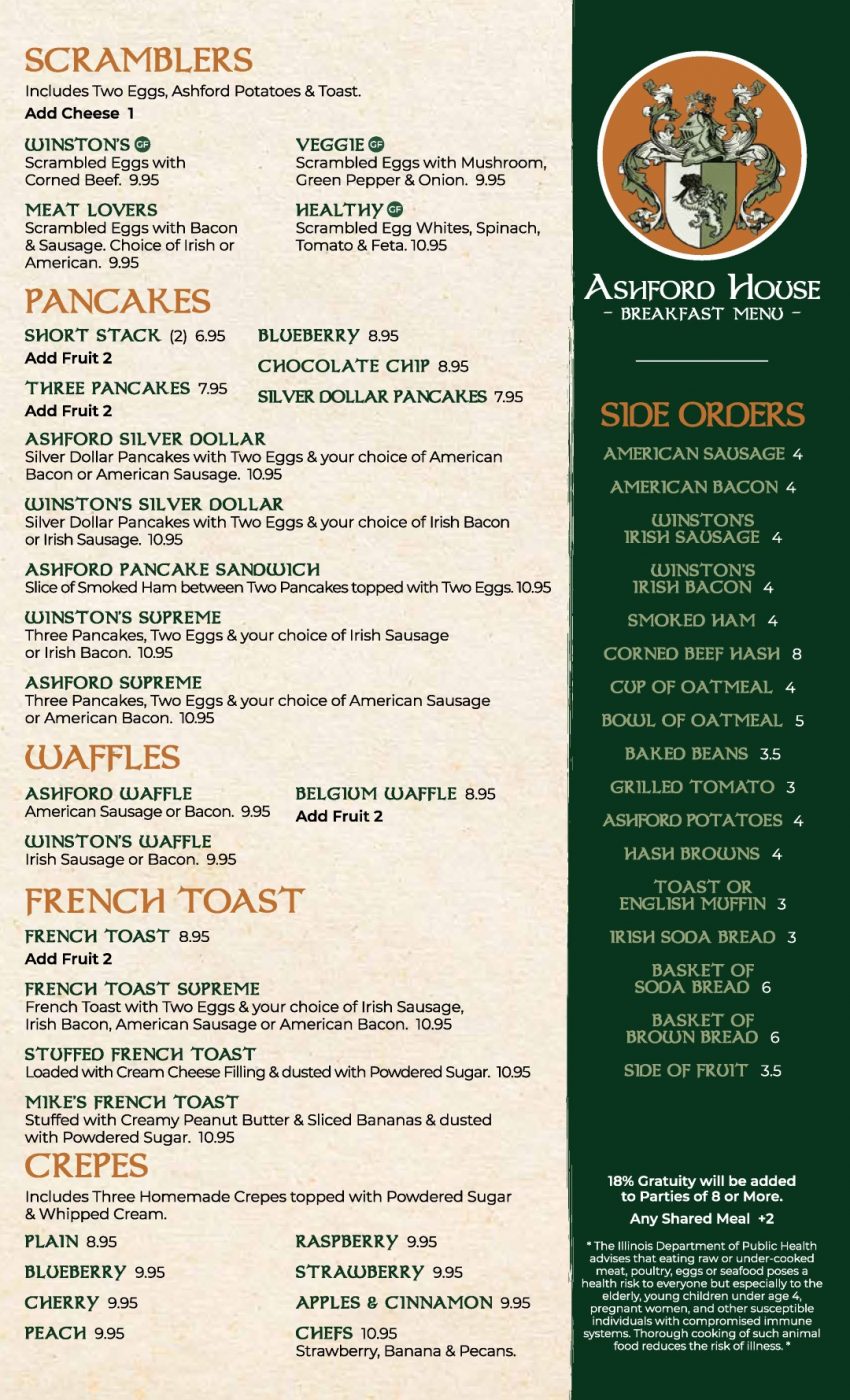 The Ashford House Dinner Menu Serving Tinley Park & Orland Park